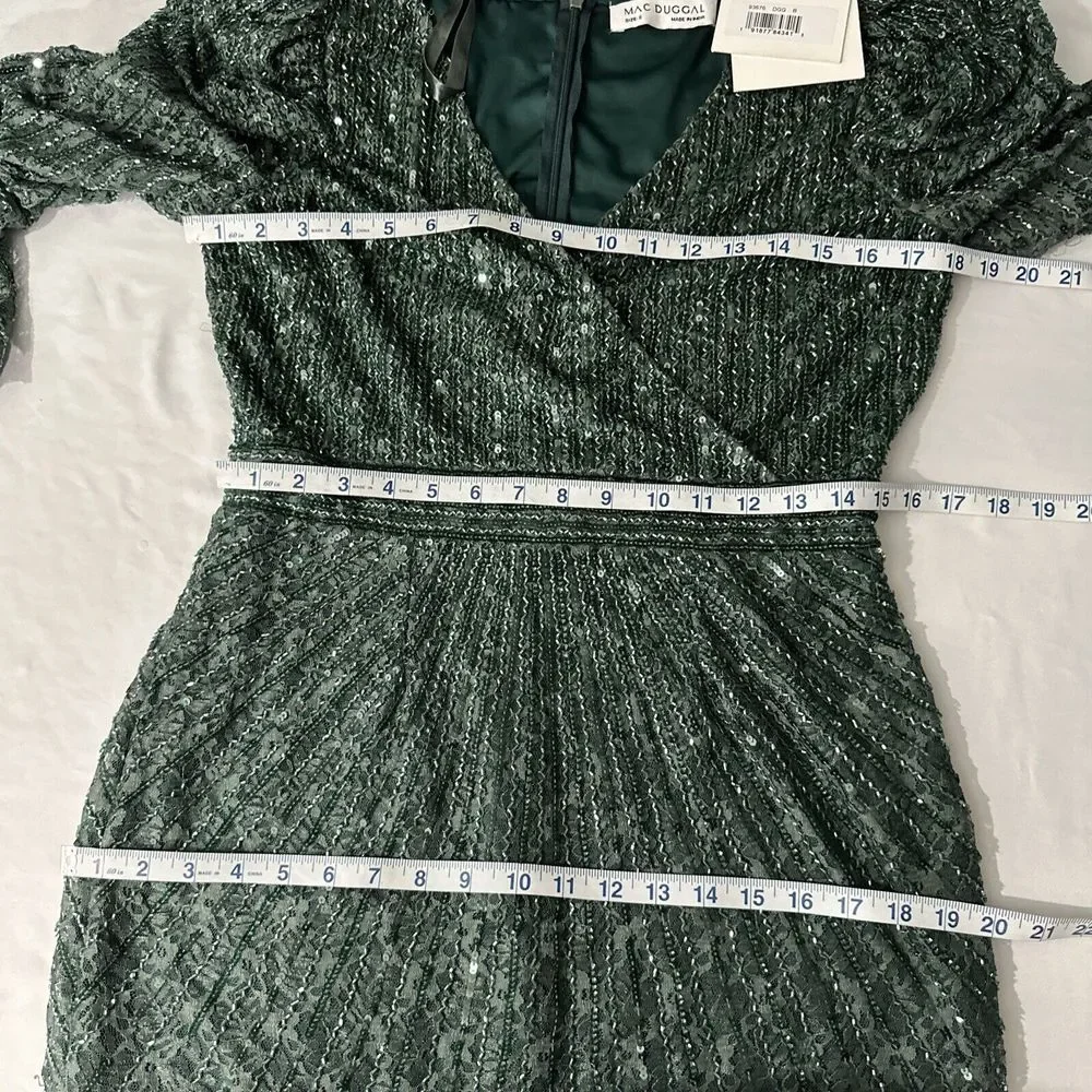 NWT $538 Mac Duggal [ 8 ] 93676 Beaded Lace‎ Long Sleeve Midi Dress Deep Green